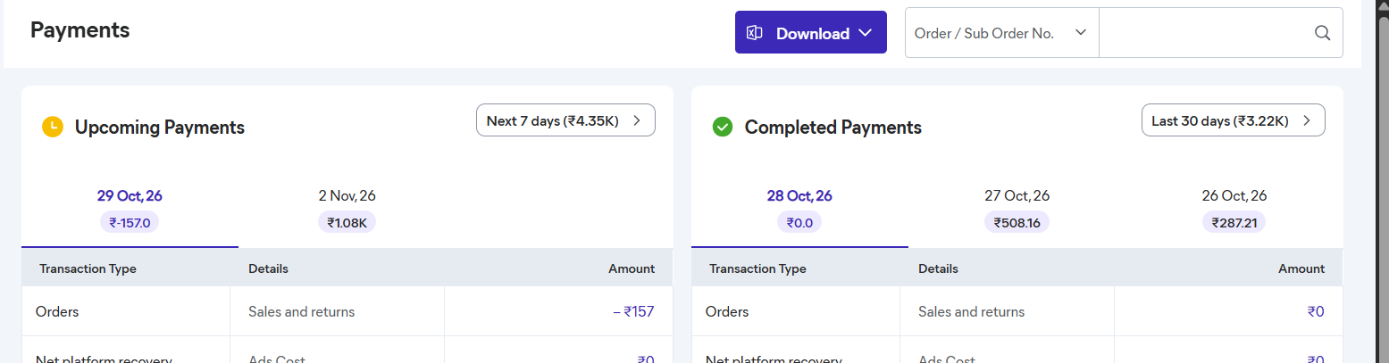 Meesho supplier panel Payments page with the Download button at the top right and upcoming and completed payments