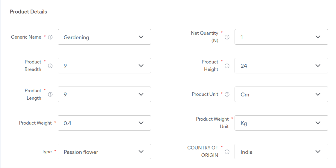 Meesho product details form with a live plant listed at 9 x 9 x 24 cm and 0.4 kg